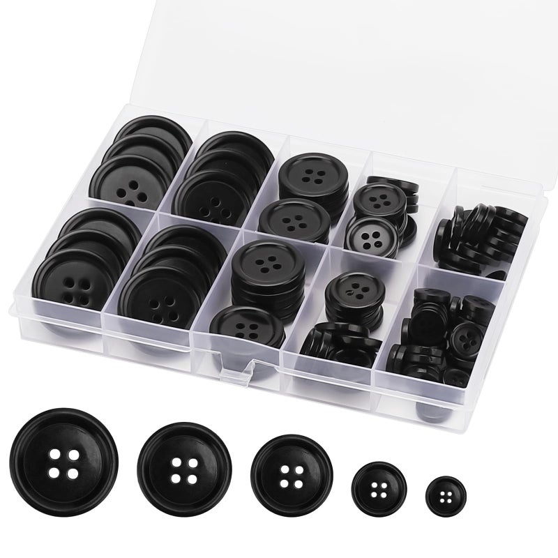 ONEHERE 100 Pcs Premium Mixed Resin Sewing Buttons  ONEHERE Eco-Friendly 4-Hole Craft Buttons  5 Sizes of Black Buttons Suitable for Sewing  DIY and Holiday Decoration(Black) - Image 1